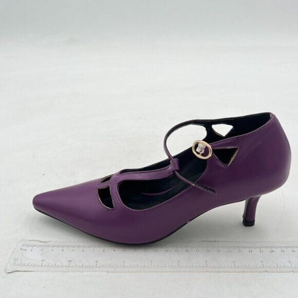 Women’s Ankle Strap Pumps Low Kitten Heels T Strap Mary Jane Pointed Toe Purple - Picture 2 of 7